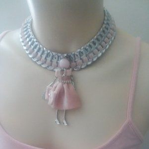Handmade recycled pink silver doll statement pendant necklace choker OOAK